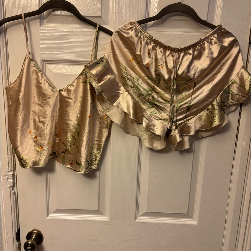 Silk-Feel Floral Satin Cami & Shorts Set - Champagne